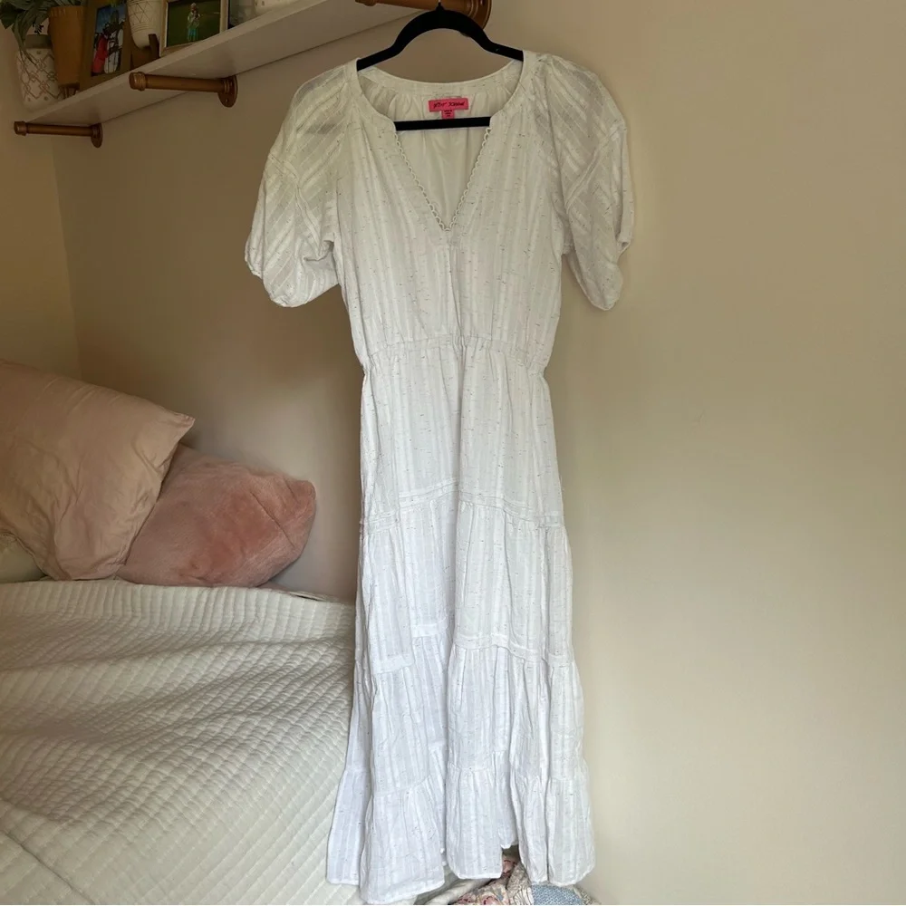 Betsey Johnson Spectator White Maxi Dress Sz XS Puff Sleeves w/colorful Speckles